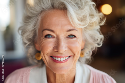 Close-up portrait of beautiful adult smiling woman looking at camera.