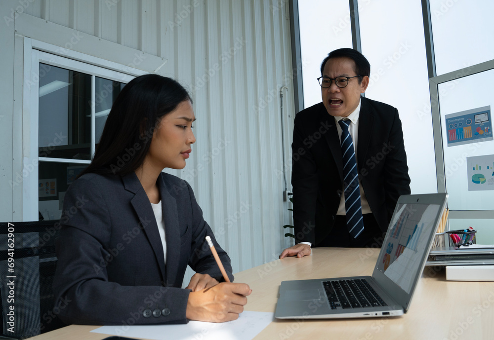 angry asian business man bully business woman angry asian business man bully business woman