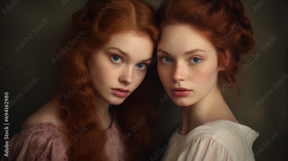 Studio portrait of two adult twin sisters or friends. Models featuring skin care, cosmetics and hairstyles. Friendship and togetherness. Studio portrait of two adult twin sisters or friends. Models featuring skin care, cosmetics and hairstyles. Friendship and togetherness.
