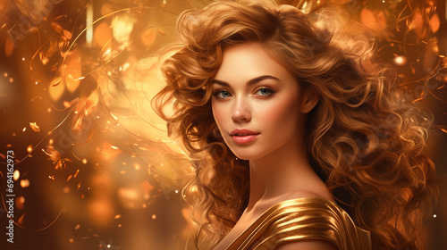 Banner Glamorous lady with voluminous curly hair and golden dress, abstract shiny background. AI Generative