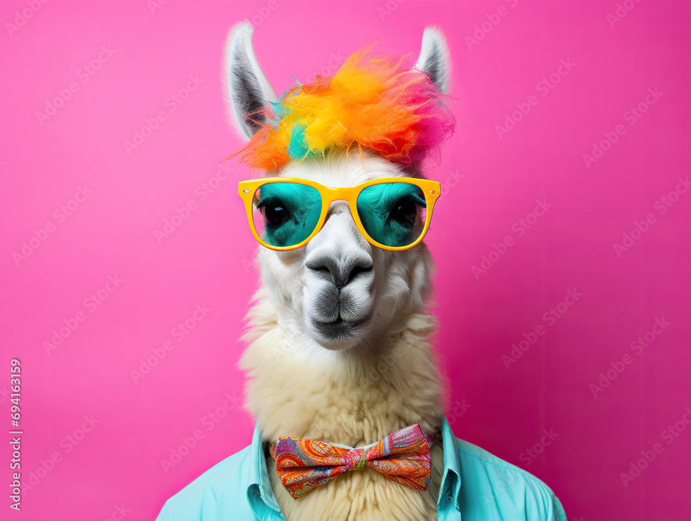 Funny llama dressed in a festive costume on colorful background
