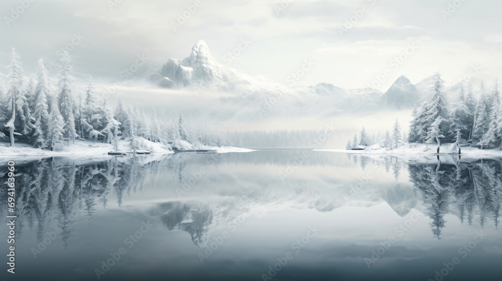 Fototapeta premium A calm lakeside vista with silver tones and shimmering reflections.