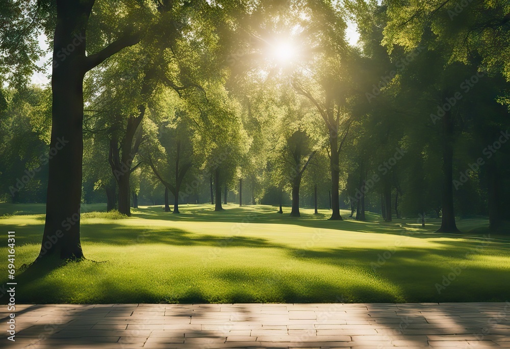 Obraz premium Bright summer sunny day in park with green fresh grass and trees. stock photoTree, Public Park, Backgrounds, Forest, Sky