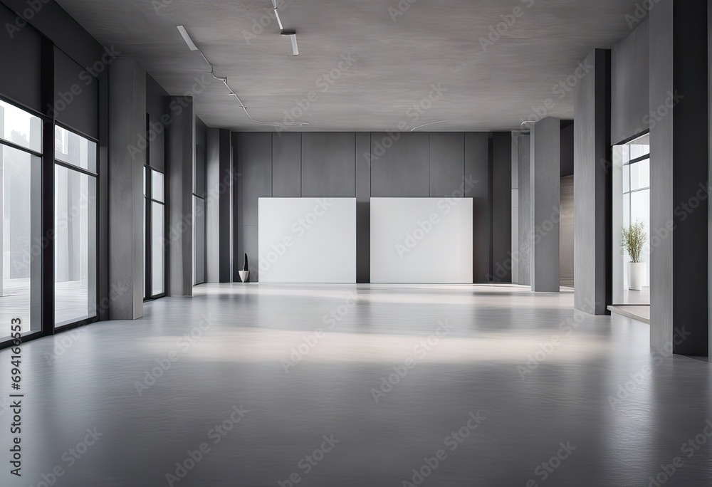 Abstract interior design of modern showroom with empty white concrete floor and gray wall background stock photoArchitecture, Abstract, Concrete, Backgrounds, Domestic Room - obrazy, fototapety, plakaty 