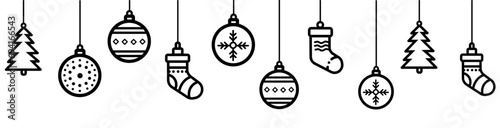 Christmas balls hanging from top with Christmas tree and sock icon isolate on white  background vector illustration 