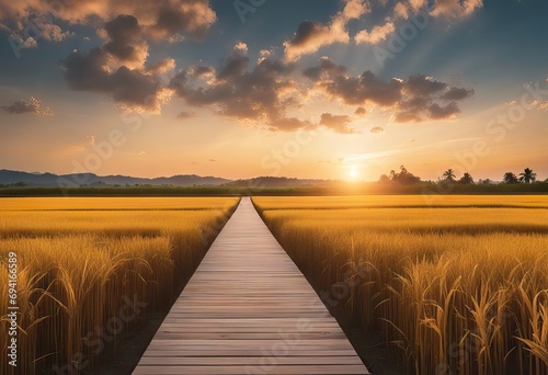Empty wooden walk way on Gold rice field with cloudy and abstract light at sunset time landscape background stock photoFarm  Table  Backgrounds  Wood - Material  Cereal Plant