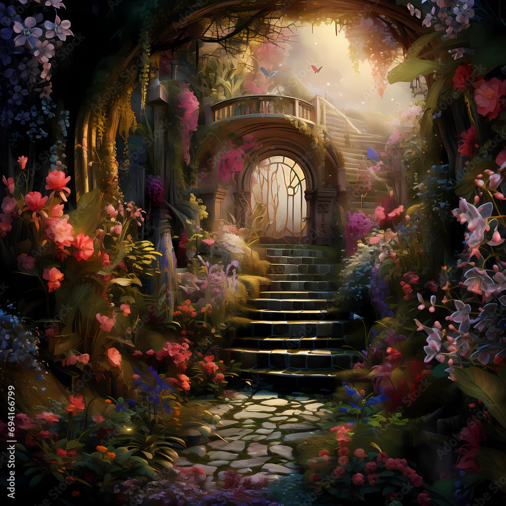 A secret garden filled with blooming flowers and hidden pathways.