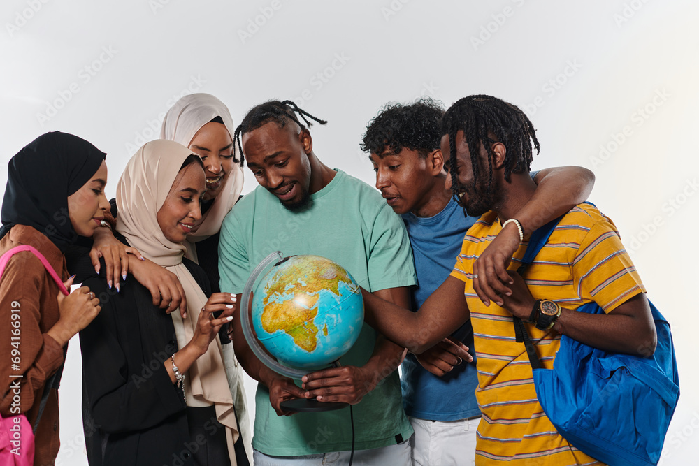 A diverse group of students is gathered around a globe, engrossed in exploration and study, their vibrant energy captured against a pristine white background, symbolizing unity and curiosity in their A diverse group of students is gathered around a globe, engrossed in exploration and study, their vibrant energy captured against a pristine white background, symbolizing unity and curiosity in their