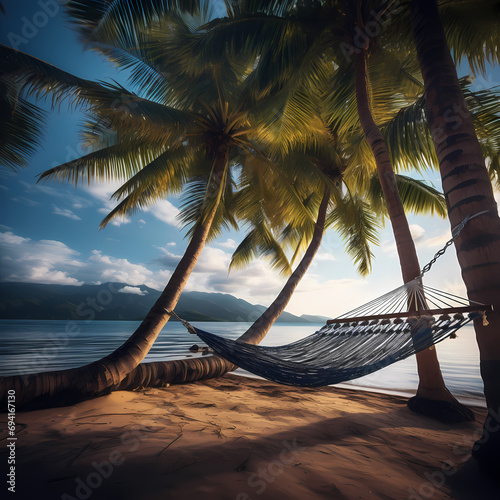 A hammock swaying between two palm trees on a deserted beach.
