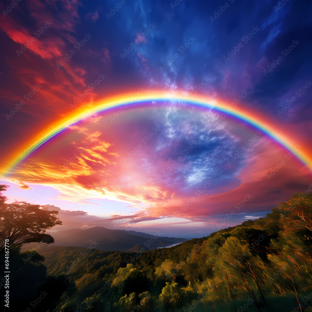 A vibrant rainbow arching across the sky after a rainfall.