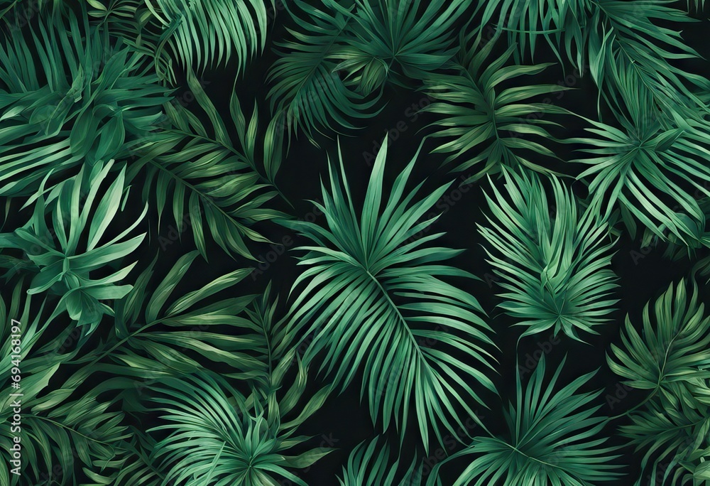 Seamless hand drawn botanical exotic vector pattern with green palm leaves on dark background stock illustrationLeaf, Backgrounds, Tropical Climate, Pattern, Rainforest