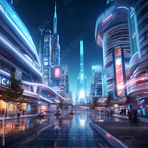 Futuristic city with holographic advertisements and sleek architecture