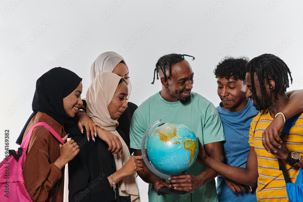 A diverse group of students is gathered around a globe, engrossed in exploration and study, their vibrant energy captured against a pristine white background, symbolizing unity and curiosity in their A diverse group of students is gathered around a globe, engrossed in exploration and study, their vibrant energy captured against a pristine white background, symbolizing unity and curiosity in their