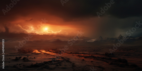 Epic barren wasteland landscape, shimmering red sun through dark clouds