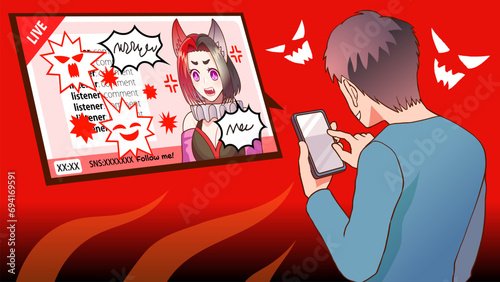 VTuberがライブ配信で話しリスナーがコメントを荒らして喧嘩しているイラスト