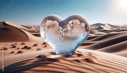 Ice heart sculpture stand and melt in the middle of desert. Conceptual for valentine's day.