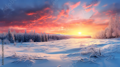 Winter sunrise over a snow-covered meadow © ginstudio