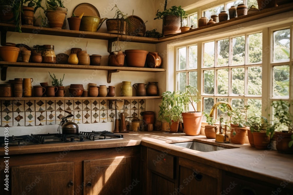 Rustic boho kitchen with open shelving, handmade pottery, and vintage cookware