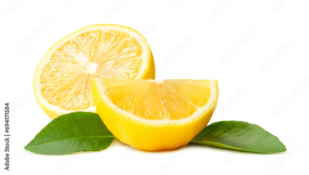 Fresh yellow lemon half with quater and leaves isolated on white background with clipping path and shadow in png file format Fresh yellow lemon half with quater and leaves isolated on white background with clipping path and shadow in png file format