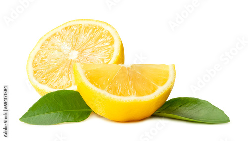 Fresh yellow lemon half with quater and leaves isolated on white background with clipping path and shadow in png file format