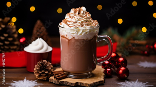 Hot cocoa with marshmallow snowmen and candy cane. Generative AI