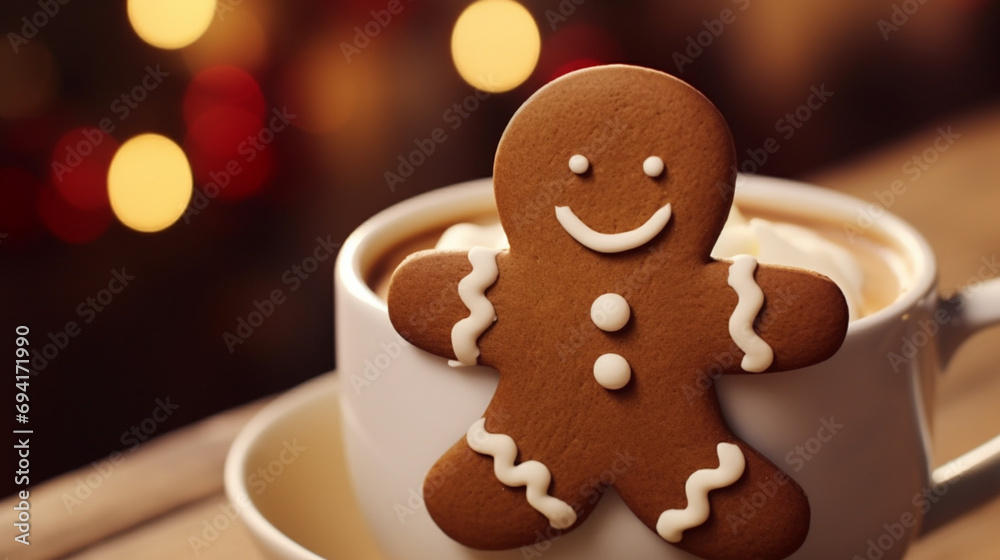 Gingerbread man soaking in a cup of hot chocolate with marshmallows. Generative AI Gingerbread man soaking in a cup of hot chocolate with marshmallows. Generative AI