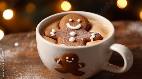 Gingerbread man bathing in cup of hot chocolate or cocoa with marshmallow. Generative AI