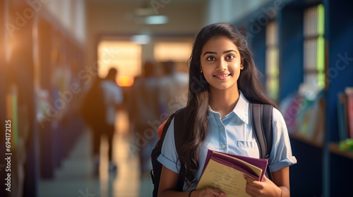 Leinwand Poster Young indian college girl holding backpack ,Happy students smile at the camera