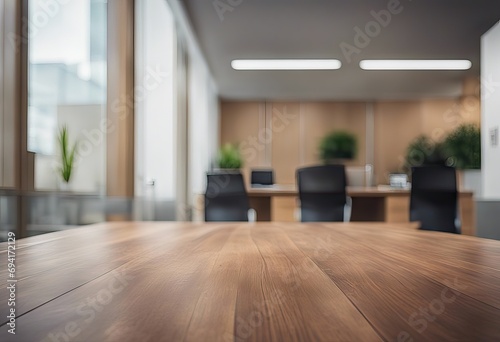 Defocused empty office interior and a wooden background stock photoTable, Backgrounds, Desk, Office, Home