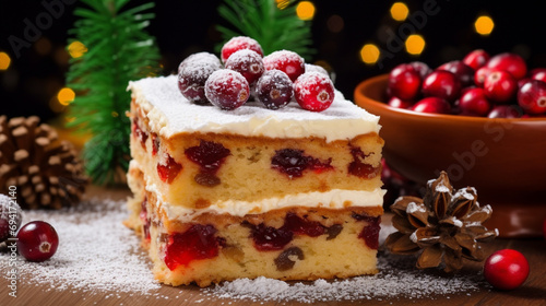 Squares of Christmas cake adorned with a cranberry. Generative AI