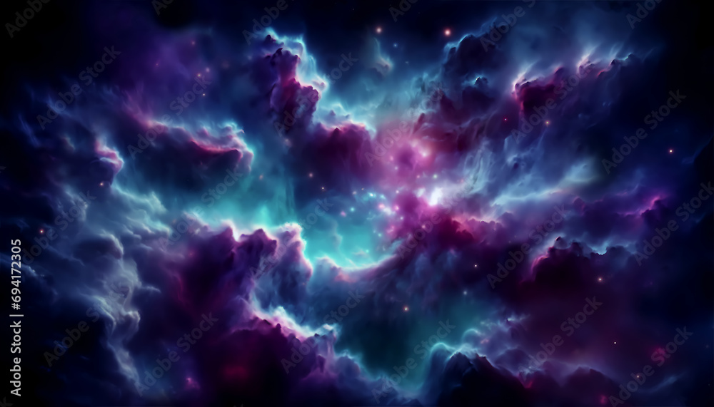Fototapeta Abstract digital art illustrating blurry and smooth nebulae with hues of purple and cyan