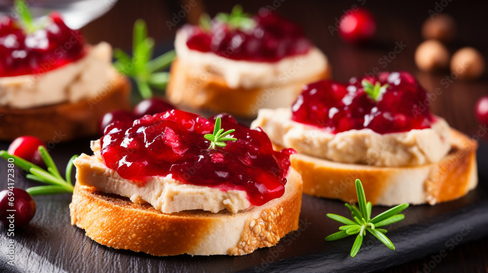 Festive appetizer with foie gras, cranberry chutney and jelly. Generative AI - obrazy, fototapety, plakaty 