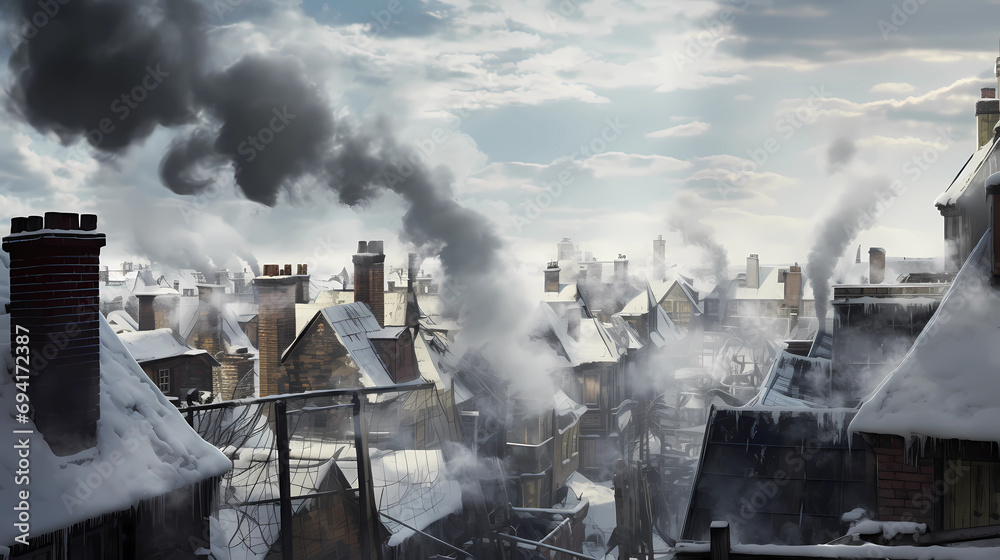 Snowy rooftops with smoke rising from chimneys