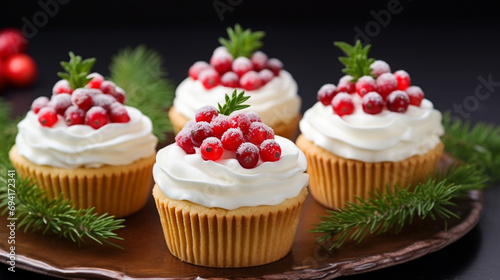 Small Christmas bundt cakes with sugar glaze and currants on a rustic wood. Generative AI