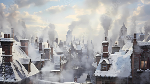 Snowy rooftops with smoke rising from chimneys