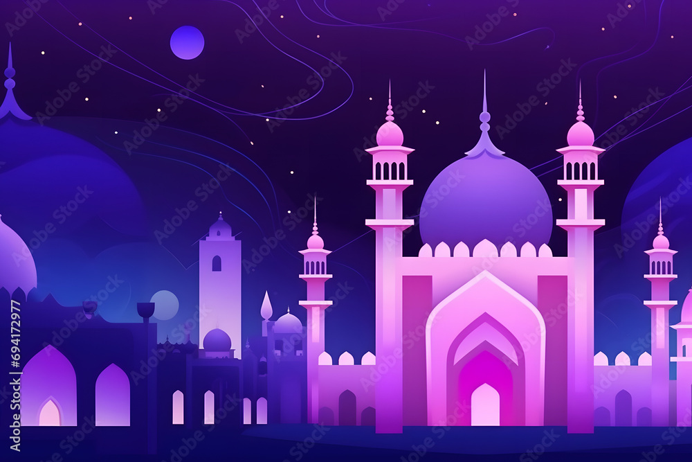 Ramadan Kareem background.Crescent moon at a top of a mosque. Neural network AI generated art