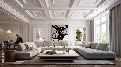 Contemporary living space with a coffered ceiling displaying a geometric pattern, bringing a fresh and artistic perspective to the room. photo