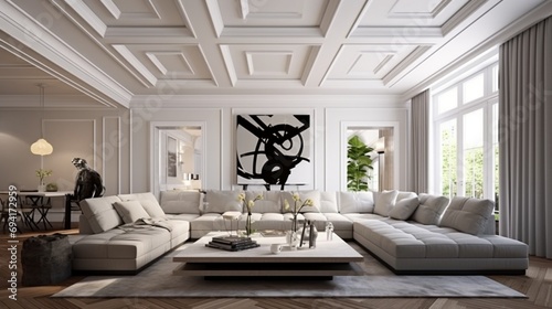 Contemporary living space with a coffered ceiling displaying a geometric pattern, bringing a fresh and artistic perspective to the room.