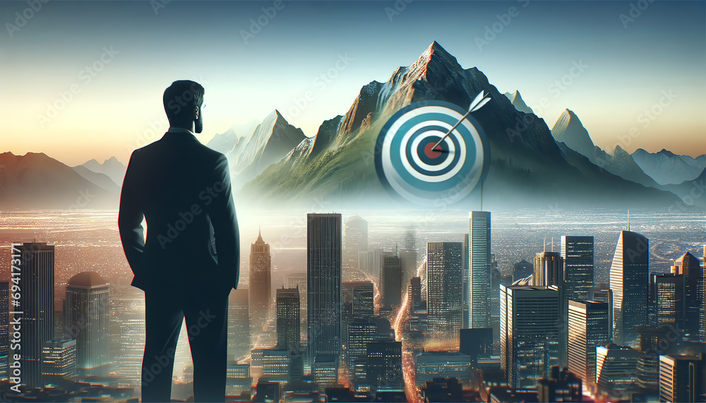 Abstract illustration depicting a businessman foreseeing target achievement - obrazy, fototapety, plakaty 