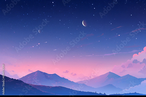 Alpine landscape scene illustration, peaceful mountain peaks wallpaper © lin