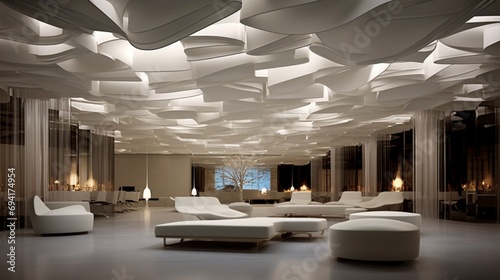 Illusionary floating ceiling design with hidden supports, giving the appearance of weightlessness and openness. photo