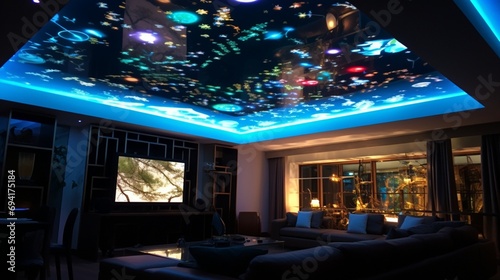 Interactive smart ceiling with built-in sensors, adapting lighting and ambiance based on user preferences and activities.