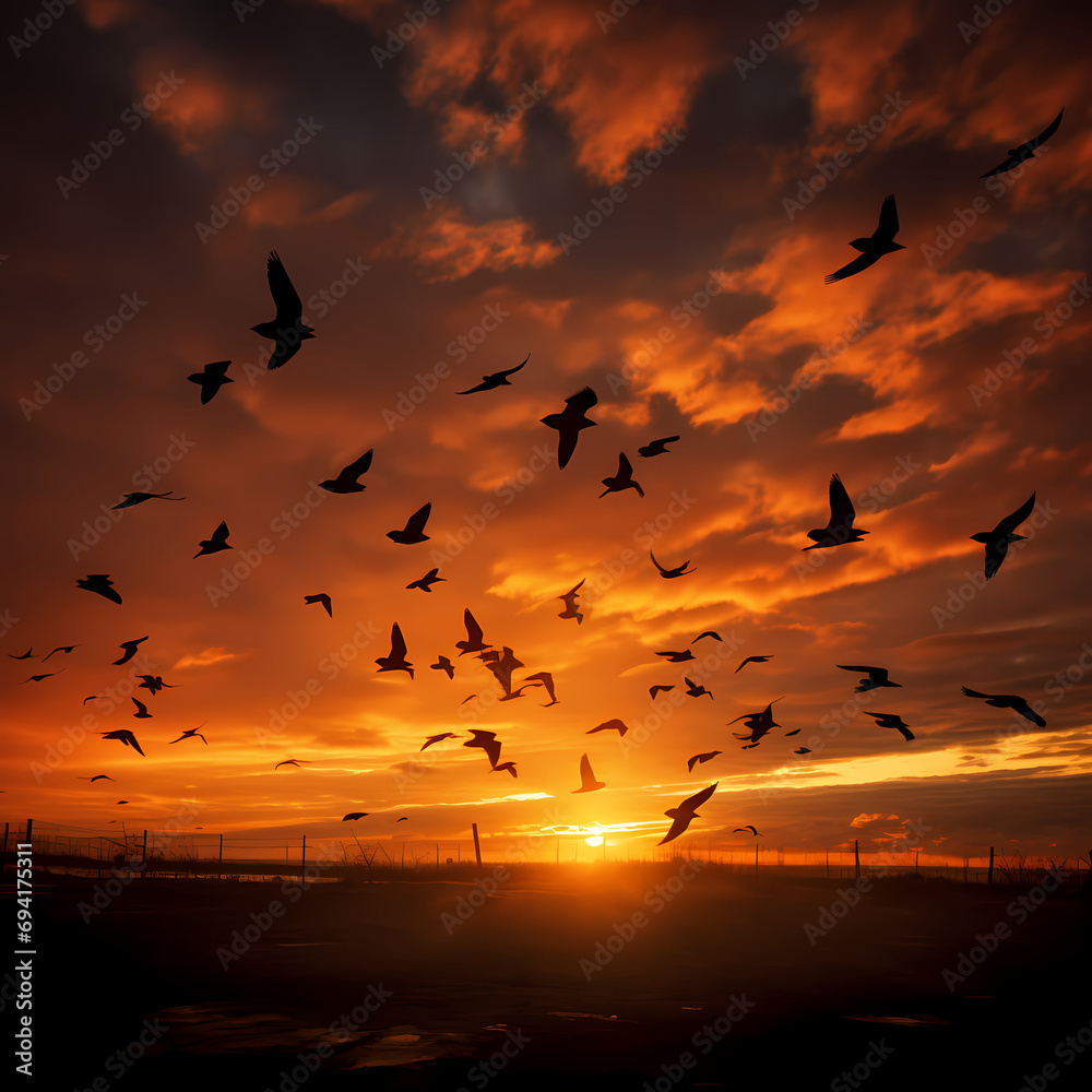 Silhouettes of birds in flight against a fiery evening sky.