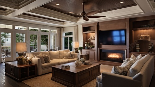 Inviting family room with a tray ceiling featuring built-in speakers and ambient lighting  enhancing the entertainment experience.