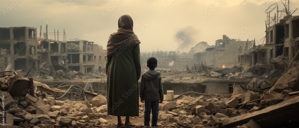 Woman and child facing aftermath of urban destruction. Post war environment.