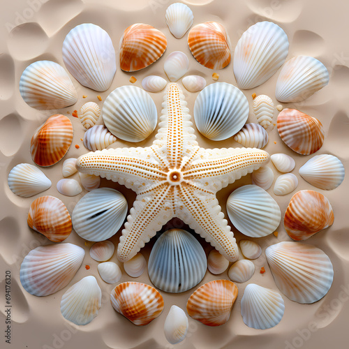 Symmetrical arrangement of seashells on a sandy beach.