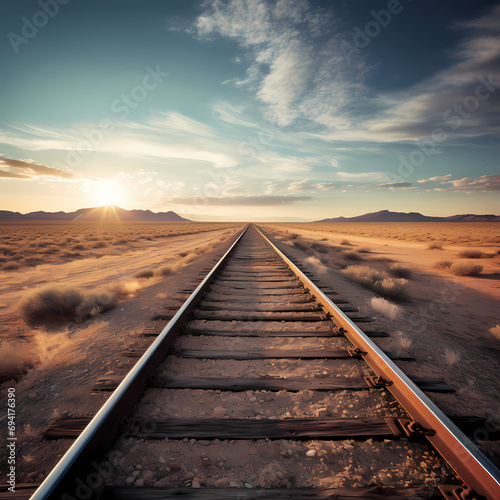 Train tracks converging on the horizon in a vast open landscape.