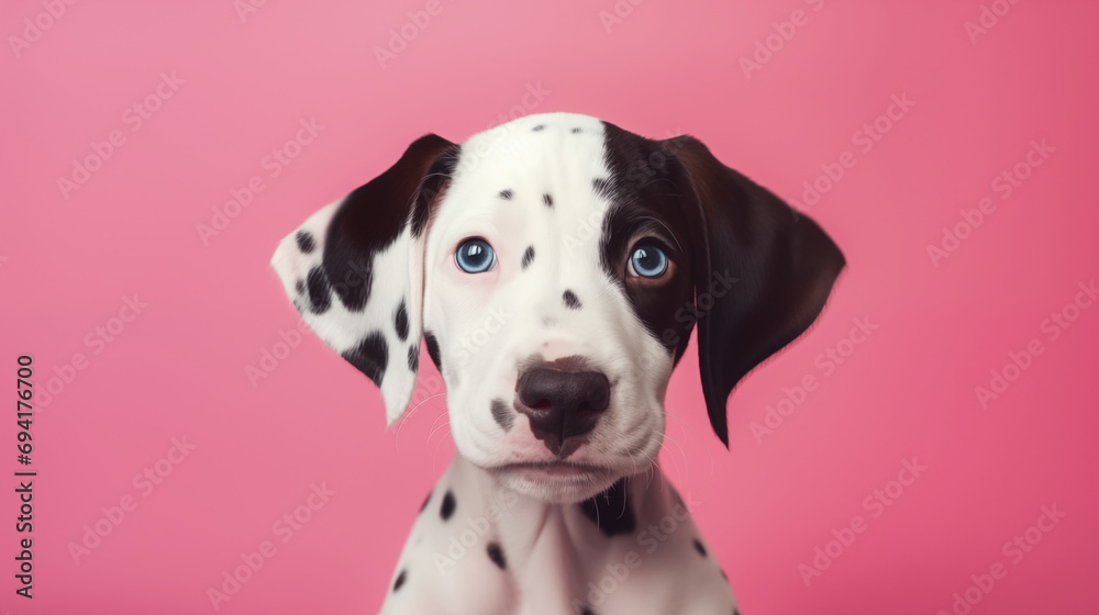 Calm Dalmatian Puppy on a Pink Background. Studio Close-up Photo of a Dalmatian Puppy on a Pastel Plain Background
