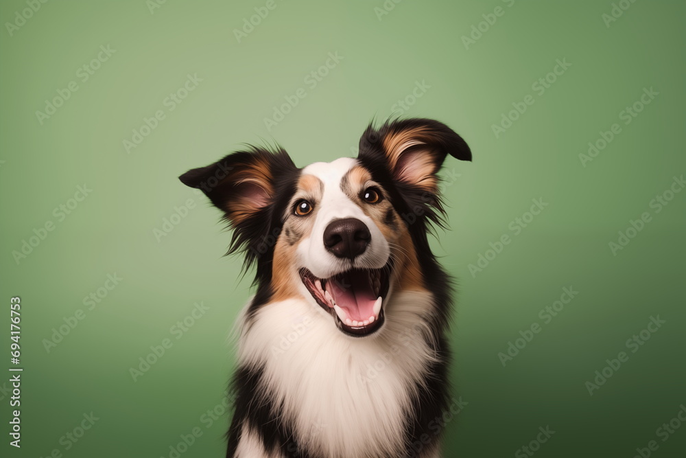 Happy and Excited Border Collie with Opened Mouth on a Pastel Green Background. Studio Close-up Photo of a Border Collie Dog on a Plain Background