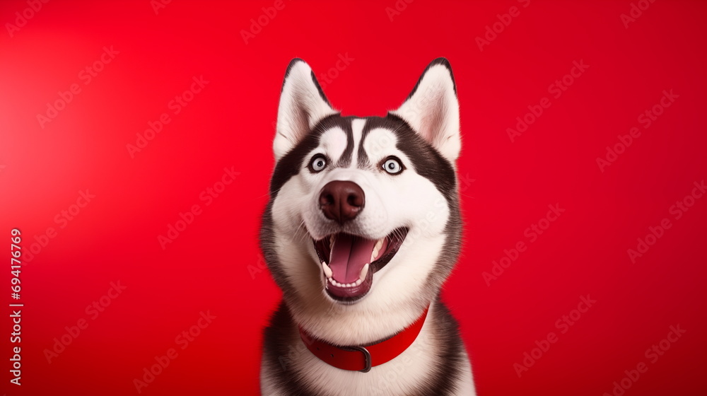 Happy and Excited Husky Dog with Opened Mouth in Red Collar on a Red Background. Studio Close-up Photo of a Siberian Husky Dog. Happy and Excited Husky Dog with Opened Mouth in Red Collar on a Red Background. Studio Close-up Photo of a Siberian Husky Dog.